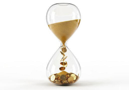Hourglass filled with sand and falling metallic currency objects against a white background