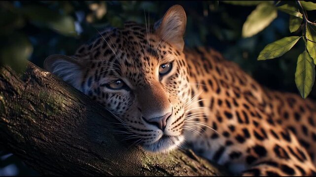 Leopard resting on tree branch with foliage in natural habitat  