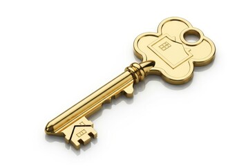 Gleaming golden skeleton key with house emblem rests on a reflective white surface.