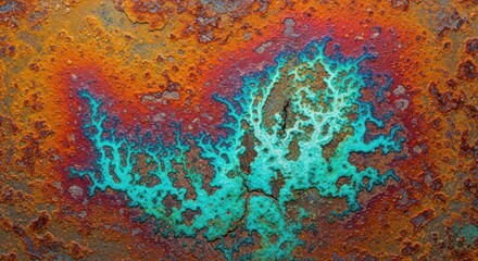 Rusty metal surface with turquoise corrosion, oxidized background texture