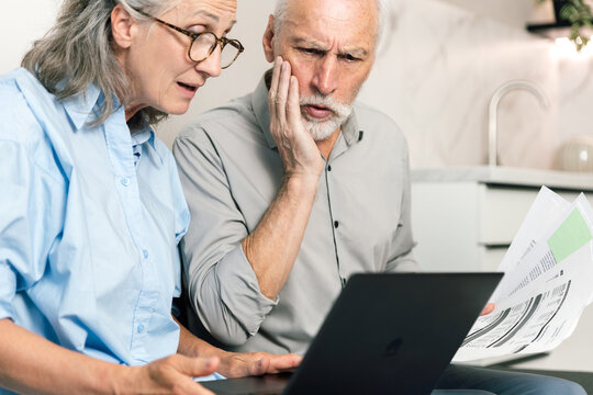Elderly couple reviews online bank statements on a laptop at home