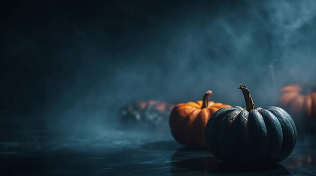Moody Halloween background with softly glowing pumpkins and drifting fog, dark elegant color palette and cinematic lighting creating a minimal spooky atmosphere with generous copy space.

