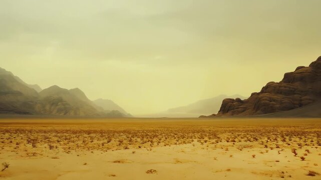 Flat desert plain stretching to rugged distant mountains beneath a hazy sky, emphasizing the vast, arid wilderness, serene solitude and expansive natural beauty of the landscape