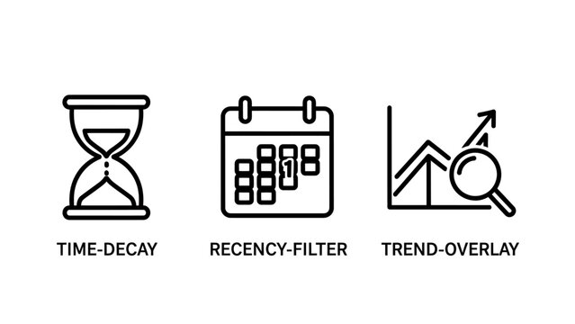Business analytics icons: time decay hourglass, recency filter calendar, and trend overlay with magnifying glass
