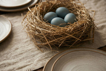 Obraz premium Rustic table setting for Easter. There is a decorative nest of straw with eggs on the linen path. Ai generated