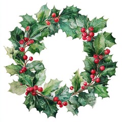 Fototapeta premium Watercolor rendering of a festive holly wreath with green leaves and red berries
