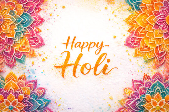 Decorative happy holi greeting with vibrant mandala floral frame on white background