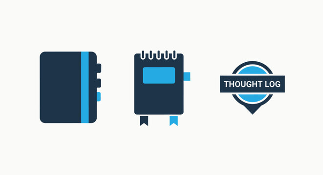 Notebook and thought log icons representing journaling, planning, and personal reflection for self-improvement.