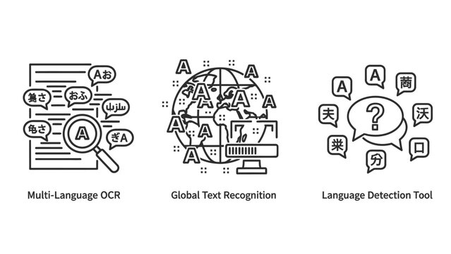 Global Multi-Language OCR and Language Detection Tool Icons for AI-Powered Text Recognition and Digital Document Processing