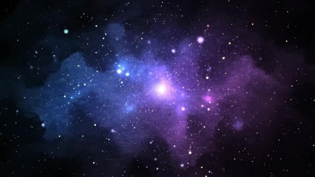 Cosmic background animation sequence showing the birth of a galaxy. Ethereal blue and purple nebula clouds with emerging stars and glowing particles on a black backdrop