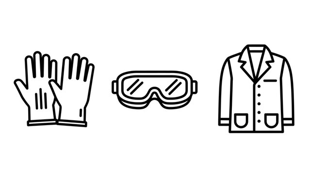 Essential line art icons of personal protective equipment (PPE), including gloves, safety goggles, and a lab coat, for laboratory, medical, and industrial safety concepts.