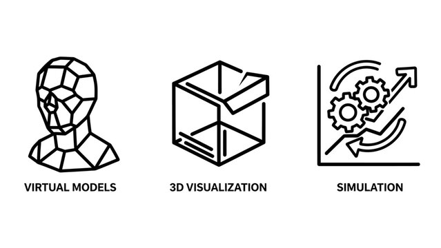3D Modeling and Simulation Icons: Wireframe Head Model, 3D Visualization Cube, and Data Simulation Chart for CGI and Engineering