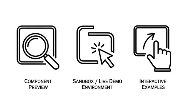 Icons showing component preview, sandbox/live demo environment, and interactive examples