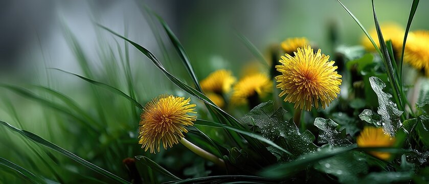 Close-up of dandelions in spring with fresh yellow flowers in green grass meadow captured with Sony Alpha A7 III camera showing nature details