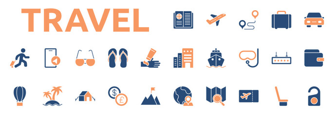 Travel icon two color style with passport, airplane, route, suitcase, car rental, hotel, cruise, snorkeling icons