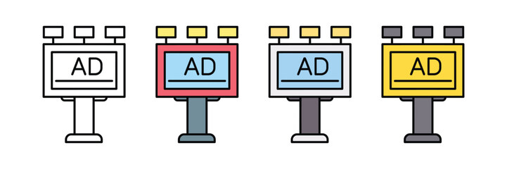Billboard advertising icon vector set. Outdoor hoarding sign with spotlights symbol for marketing, brand promotion, and commercial display. Vector Illustration. © Jakiya Graphics