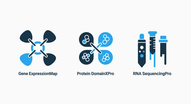 Abstract icons symbolizing gene expression map, protein domain analysis, and RNA sequencing for biotechnology and life science research.