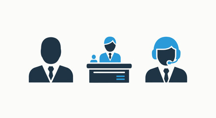 Diverse Professional Avatars Representing Business, Management, and Customer Service Roles in Modern Blue and Black Icon Set