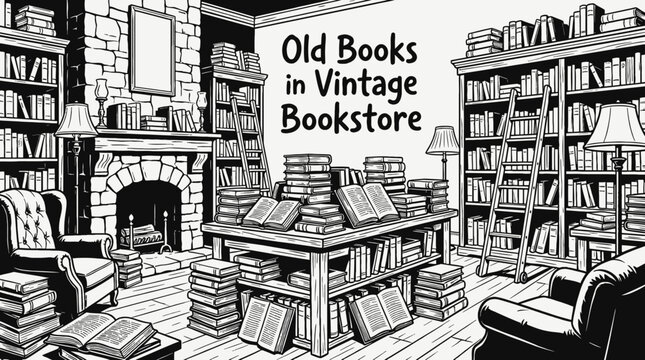 old books stacked inside a vintage bookstore environment black and white vector composition showing, representing classic literature reading culture and traditional publishing