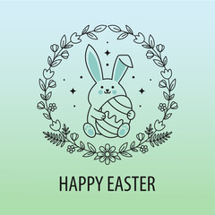 Fototapeta premium Cute easter bunny holding an egg in floral wreath linear contour drawing with pastel blue and green colors for greeting card or holiday poster design.