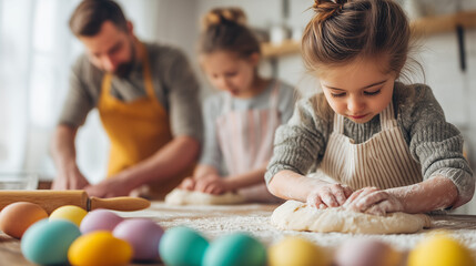 Fototapeta premium Focused little girl kneading dough on floured table with colorful Easter eggs in foreground, sweet spring holiday baking scene.