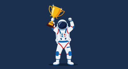 Astronaut holding trophy aloft in triumph, celebrating achievement in space, illustration, heroic pose, dark blue background, vector art © Fendi
