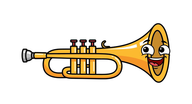 A cartoon trumpet with a smiling face and anthropomorphic features.