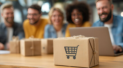 Group achievement and team building moment with laptop displaying buy option at home office