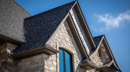 Close-up of modern residential house roof with dark shingles, stone siding, and gutters under a blue sky