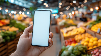 Close view of hand holding smartphone with empty display in supermarket