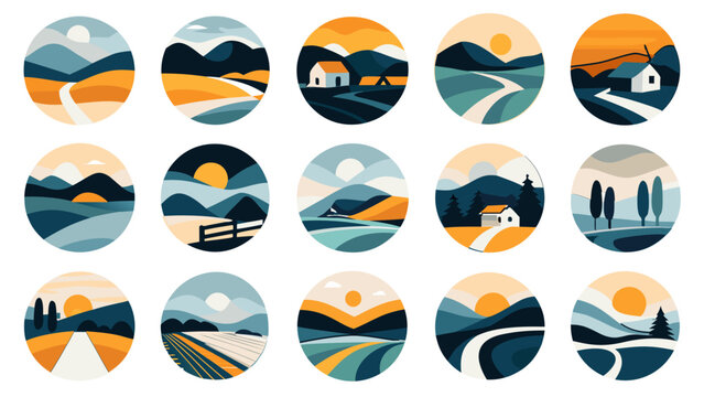 Countryside & Farmland logo set. Flat geometric nature landscape icons. Travel adventure badge designs. Vector round mountain peak emblems