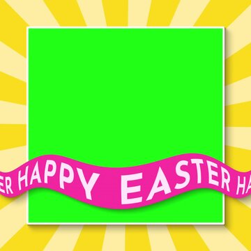 Bold Waving Ribbon Happy Easter Text Ticker Tape on Chroma Key Frame White Border on Yellow Sunburst Background Banner - 4K Square Seamless Loop Motion Graphic Cartoon Animation Video