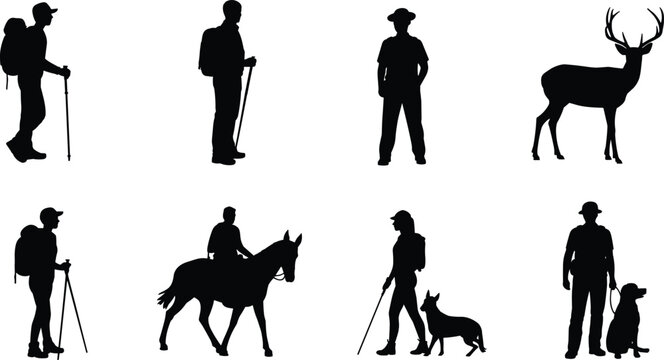 Outdoor hiker silhouette collection, traveler walking with backpack set, mountain trekking shapes, horse riding outlines, human and dog icons, flat vector illustration, cad drawing.