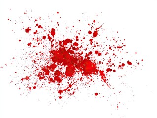 Red splatter effect with drips, dots, and amorphous shapes on white background