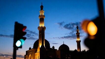 Fototapeta premium Stunning mosque with illuminated minarets and domes against twilight sky and traffic lights