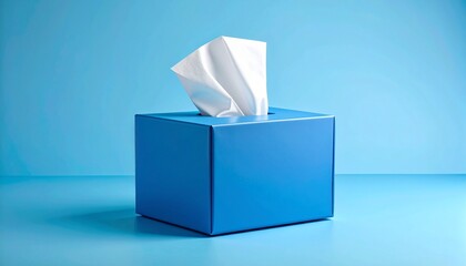 Blue tissue box with white tissue on monochromatic background