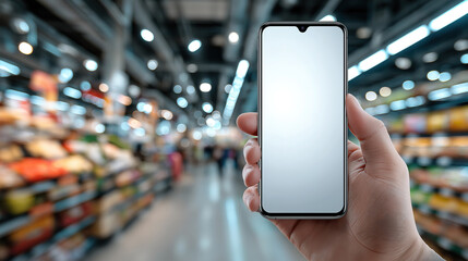 Smartphone with empty display held in hand while walking through supermarket