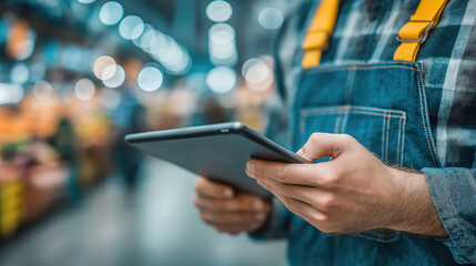 Smart retail management system with hands using tablet and blurred supermarket background