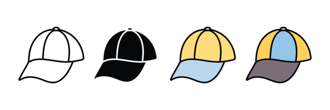 Baseball cap icon vector set. Sports hat symbol for casual fashion, headwear retail, and outdoor sun protection. Vector Illustration.
