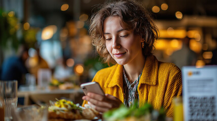 Customer using smartphone to scan QR code menu in cafe for digital payment and e commerce