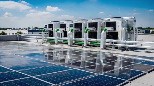 Medium shot of a solarassisted refrigeration plant with rooftop solar panels powering efficient chillers highlighting ecofriendly cooling technology under bright daylight.