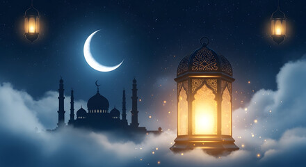 Ramadan night with crescent moon and lanterns