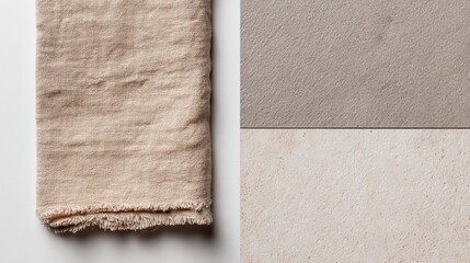 Fototapeta premium Corner of a Raw Linen Washcloth Placed on a Minimal Bathroom Wall With Natural Texture and Clean Lines