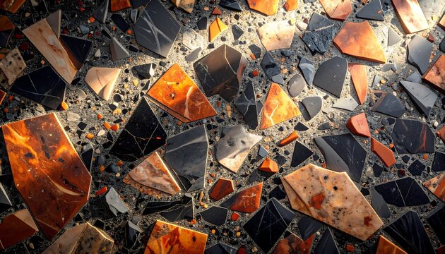 Abstract Terrazzo Pattern Background. Dramatic Close-up of Fragmented Black and Fiery Orange Marble Stones Embedded in Concrete, Creating a Rich Textured Surface.