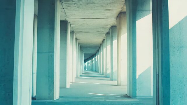 Concrete pillars form a long, symmetrical hallway, creating a strong sense of depth and perspective with striking light and shadow patterns on the surfaces