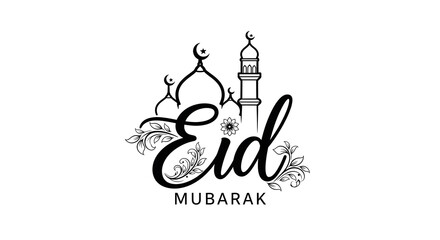Eid mubarak greeting with mosque illustration