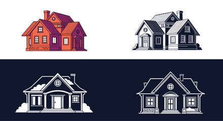 Fototapeta premium Set of four residential house illustrations showing a colorful version, a detailed black and white drawing, and two line art styles.
