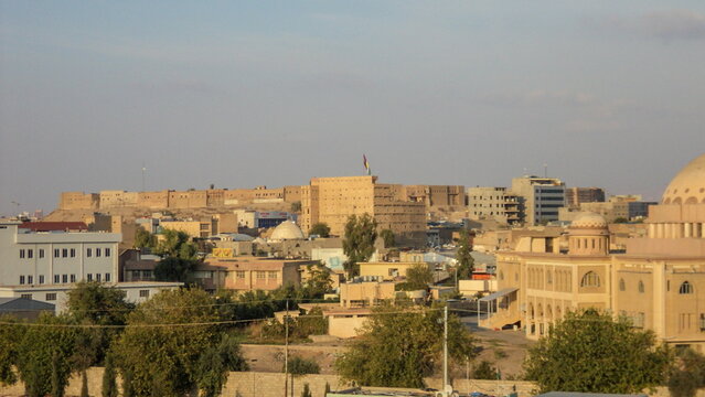 Overhead view of the Citadel of Erbil, Iraq, seen from a cable car in Minare Park, with the city in the foreground