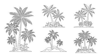 Collection of palm tree compositions in a hand drawn line art style featuring different groupings of tropical trees on small islands.