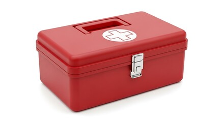 High quality, professional, modern red plastic first aid kit box with metal clasp and handle background, concept, illustration, design